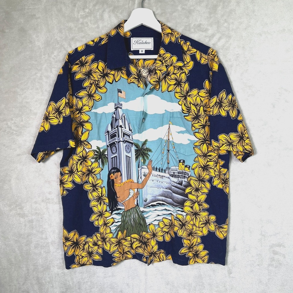 Kalaheo Hawaiian Shirt Mens Medium Blue Yellow Hula Girl Aloha Floral Beach‎ USA